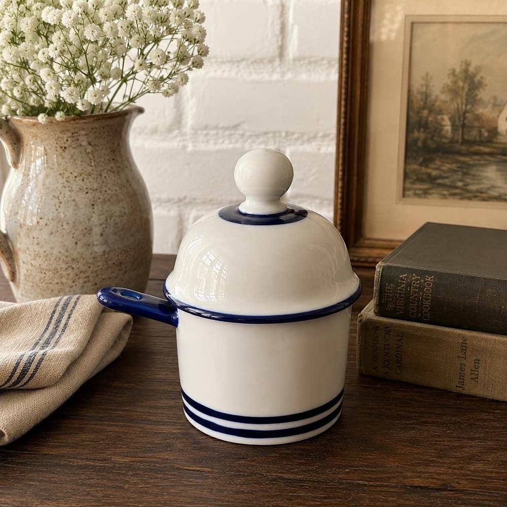 Vintage Dansk Cobalt Blue Stripe Stoneware Mustard Pot with Lid & Spoon Japan